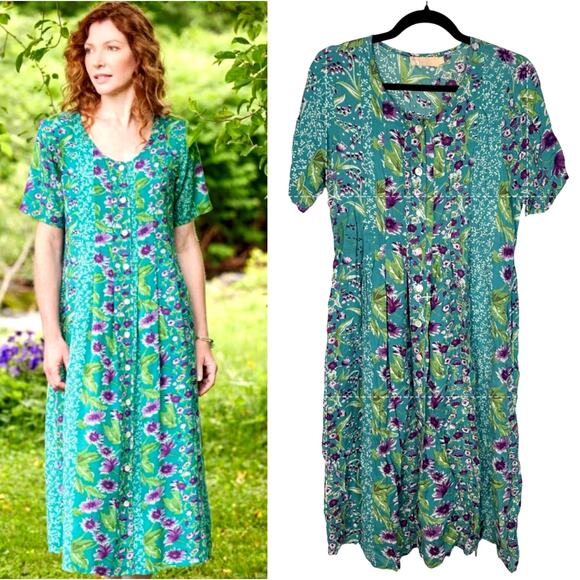 Vermont Country Store S Delightful Garden Button Front Midi Dress RAYON Blue - Picture 1 of 8